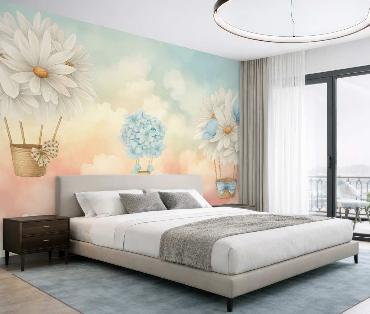 Fototapeta Niebo w farbach akwarelowych i baloniki kwiatowe.