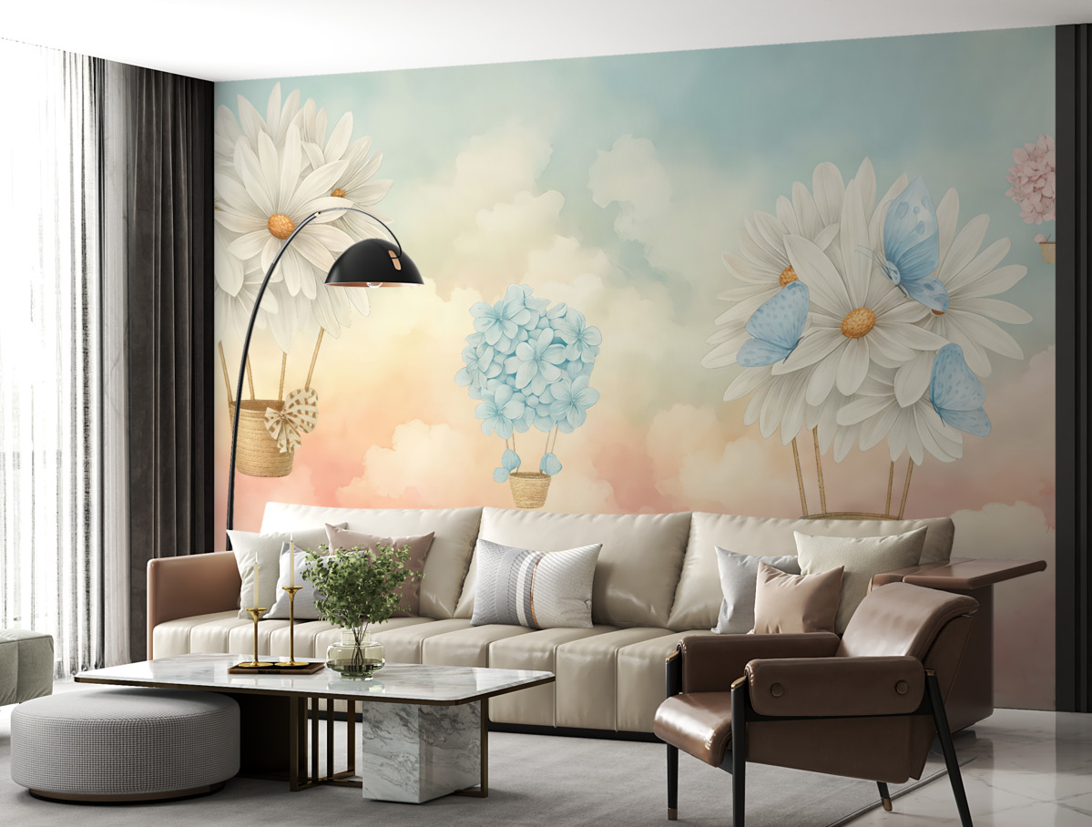 Fototapeta Niebo w farbach akwarelowych i baloniki kwiatowe.