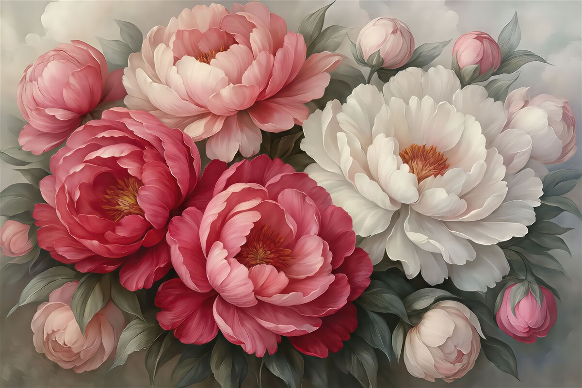 Fototapeta Rozkwitające malowane piwonie.