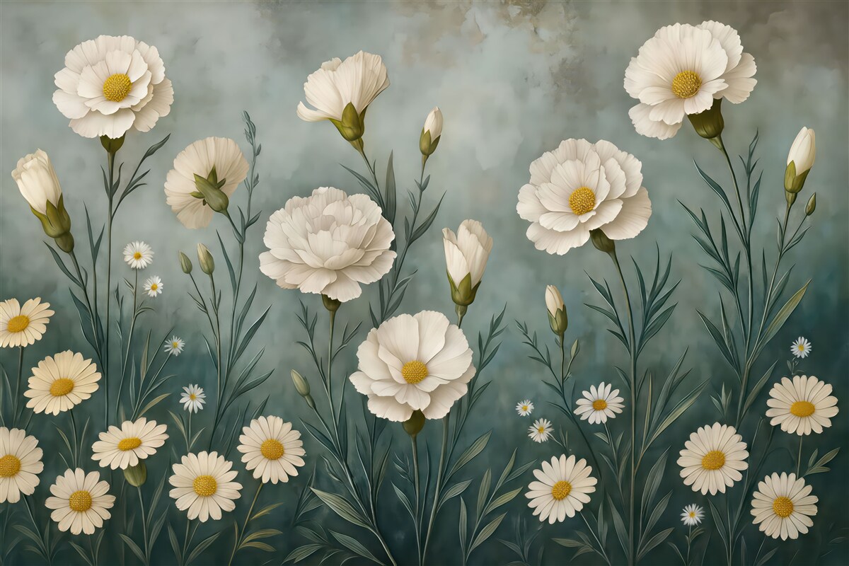 Fototapeta Goździki oraz stokrotki na ciemnym tle.