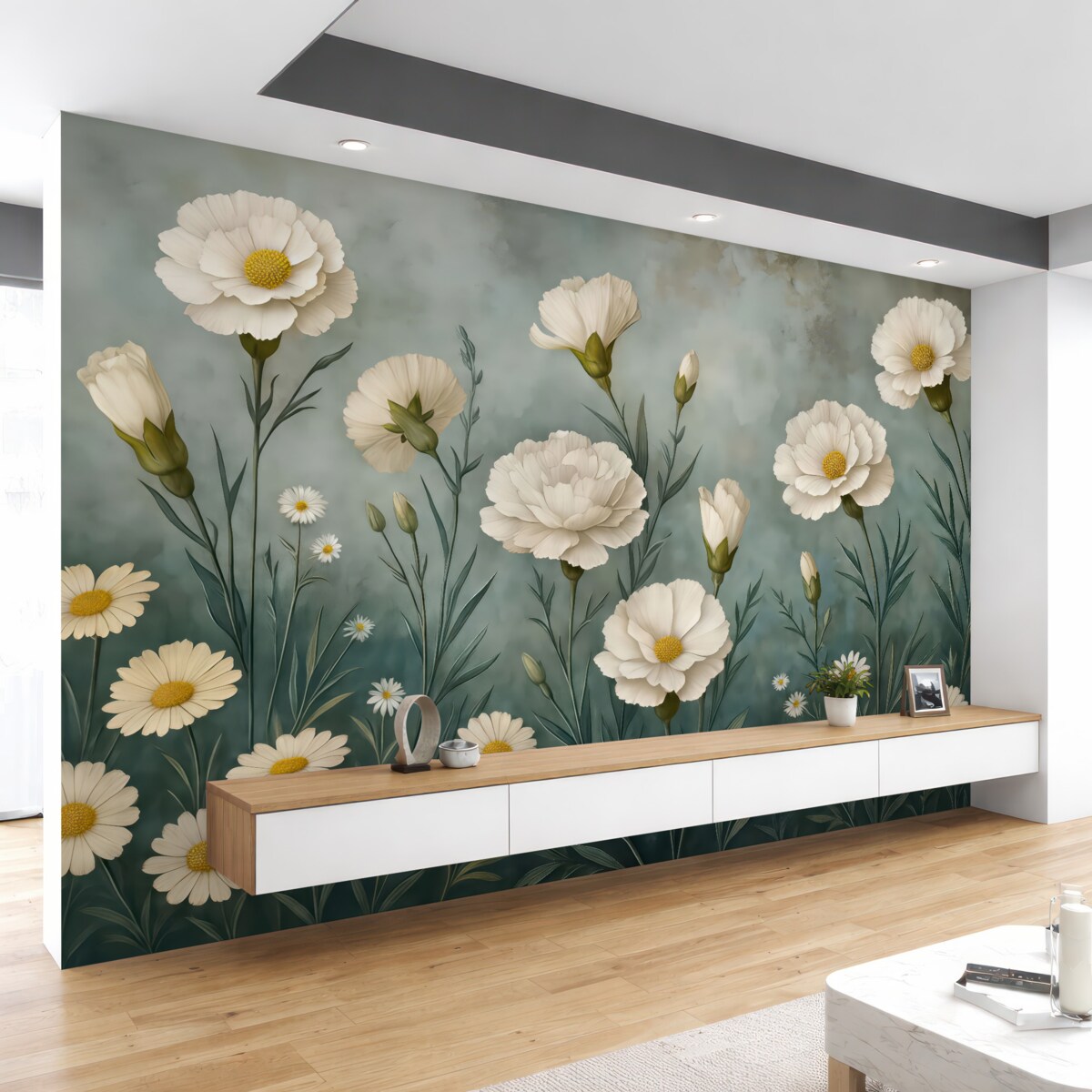 Fototapeta Goździki oraz stokrotki na ciemnym tle.