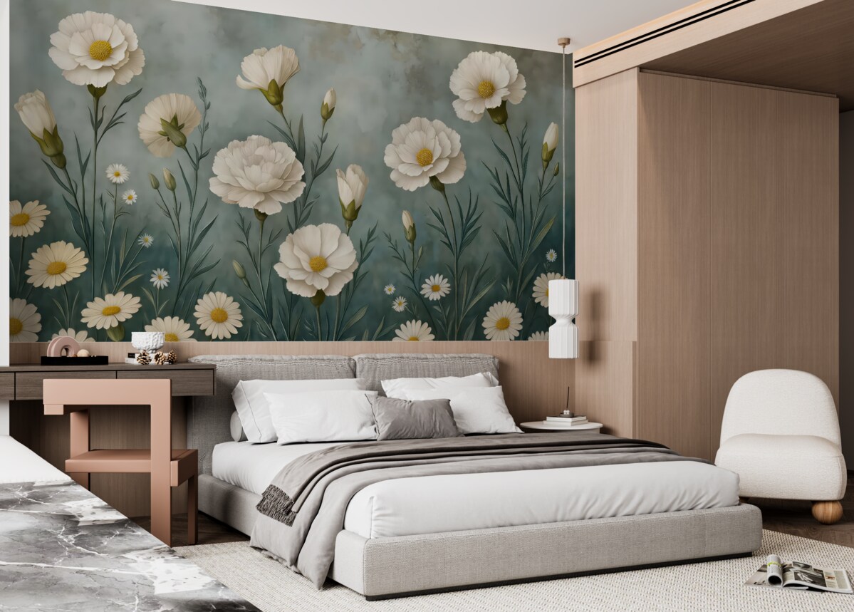 Fototapeta Goździki oraz stokrotki na ciemnym tle.