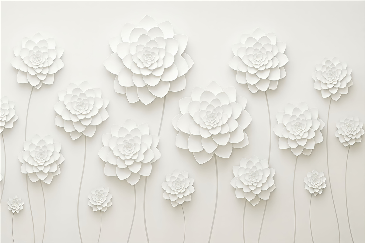 Fototapeta Wielkie kwiaty z papierową imitacją objętości na jasnoszarym tle z szarą łodygą.