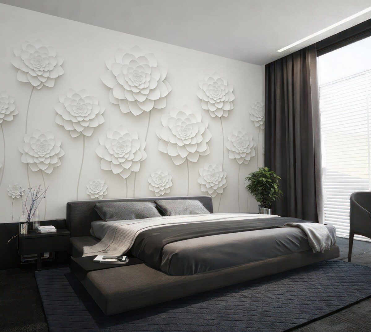 Fototapeta Wielkie kwiaty z papierową imitacją objętości na jasnoszarym tle z szarą łodygą.