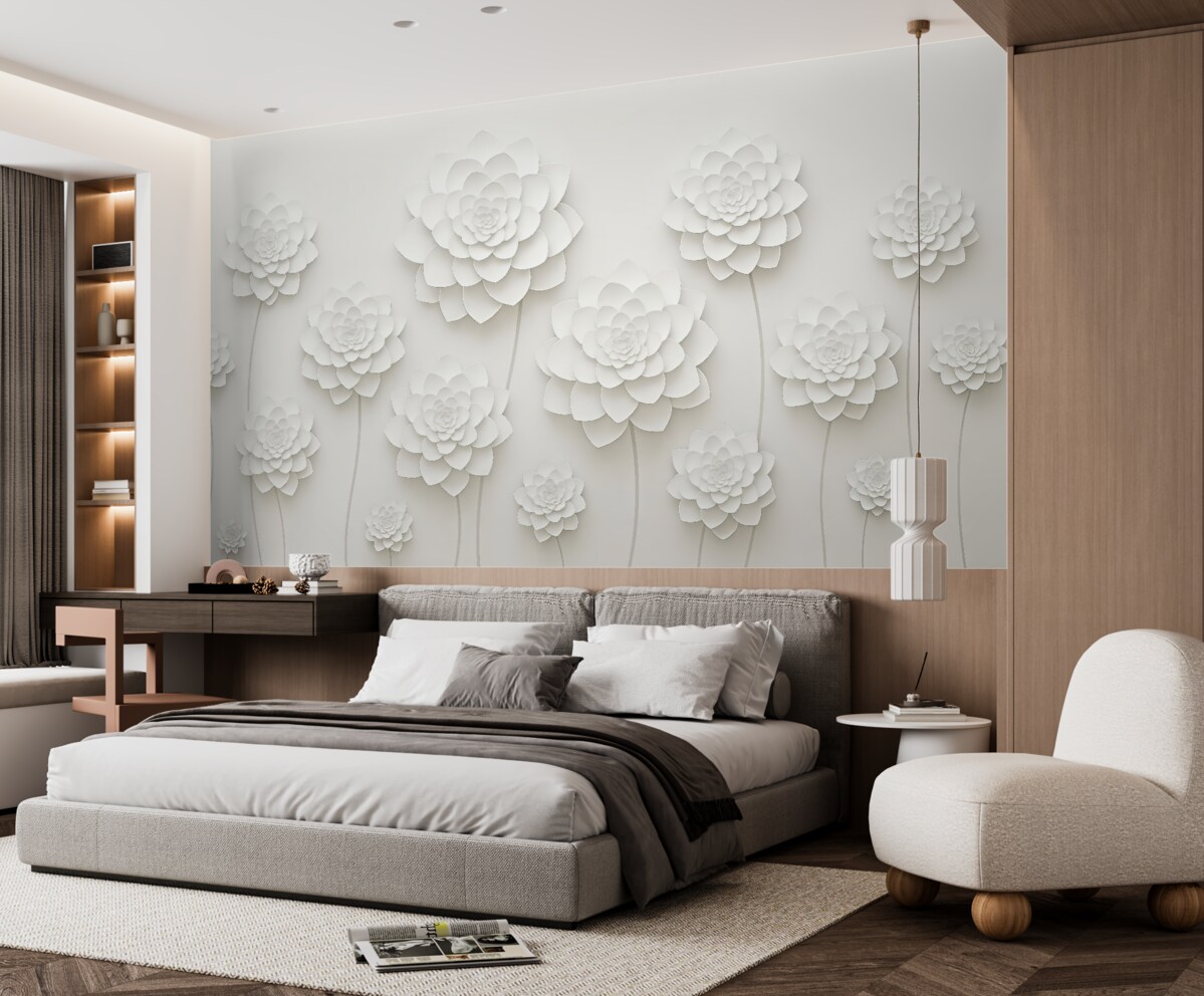 Fototapeta Wielkie kwiaty z papierową imitacją objętości na jasnoszarym tle z szarą łodygą.