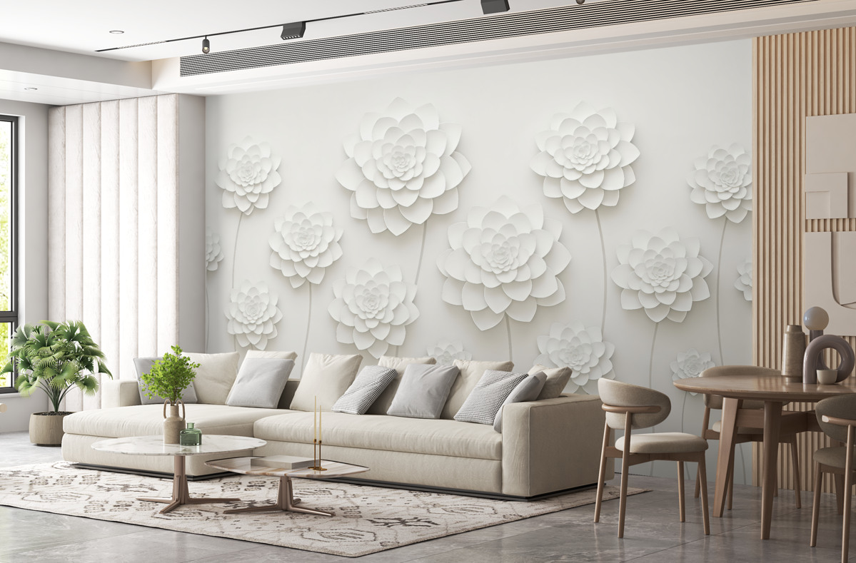 Fototapeta Wielkie kwiaty z papierową imitacją objętości na jasnoszarym tle z szarą łodygą.