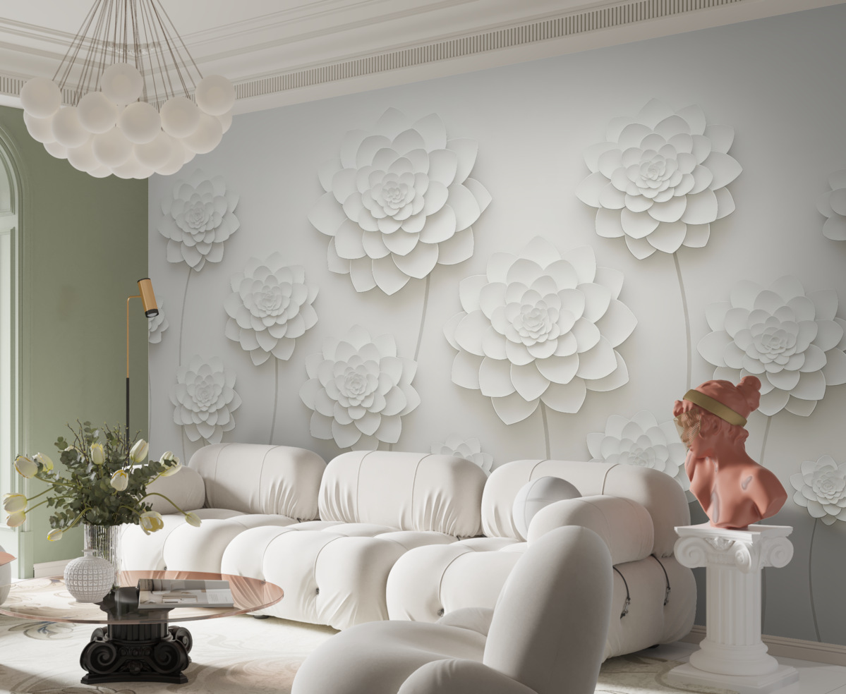 Fototapeta Wielkie kwiaty z papierową imitacją objętości na jasnoszarym tle z szarą łodygą.