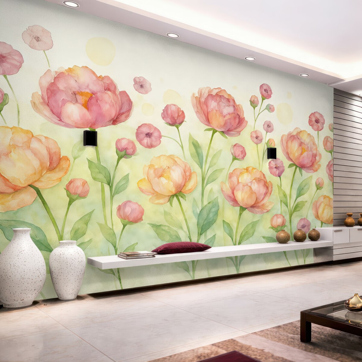 Fototapeta czerwono-pomarańczowe oraz różowe tulipany w technice akwarelowej na jasnym tle z zielonymi plamkami