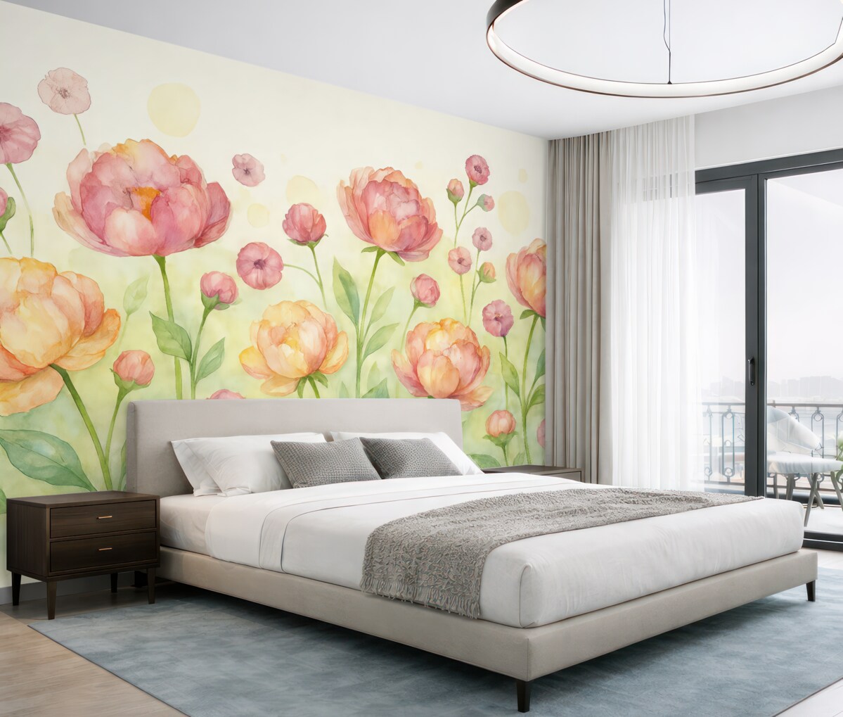 Fototapeta czerwono-pomarańczowe oraz różowe tulipany w technice akwarelowej na jasnym tle z zielonymi plamkami