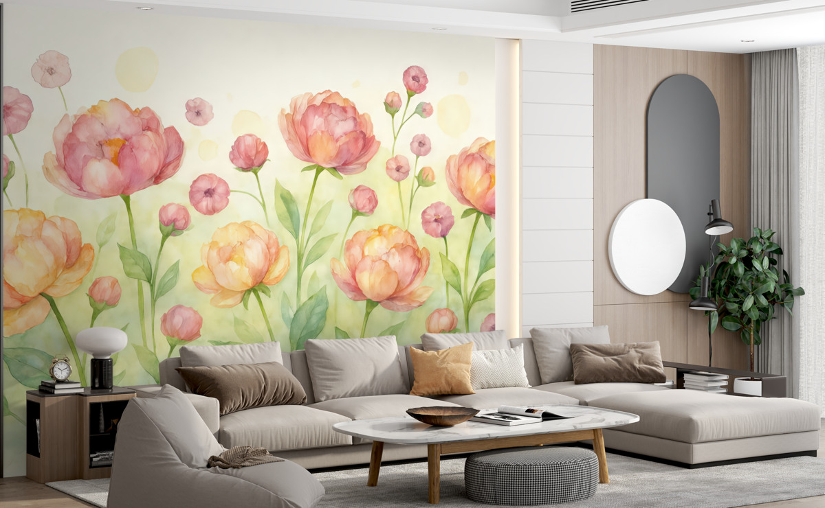 Fototapeta czerwono-pomarańczowe oraz różowe tulipany w technice akwarelowej na jasnym tle z zielonymi plamkami