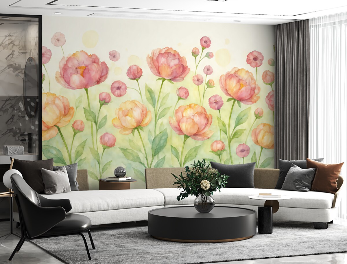 Fototapeta czerwono-pomarańczowe oraz różowe tulipany w technice akwarelowej na jasnym tle z zielonymi plamkami