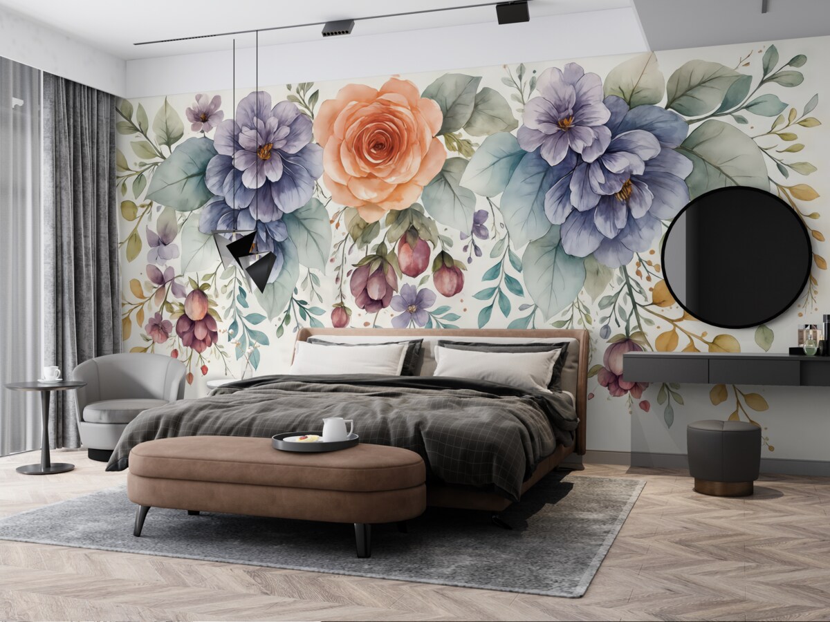 Fototapeta kwiatowy mural w autumnalnych odcieniach na jasnym, fakturowanym, szaro-mlecznym tle