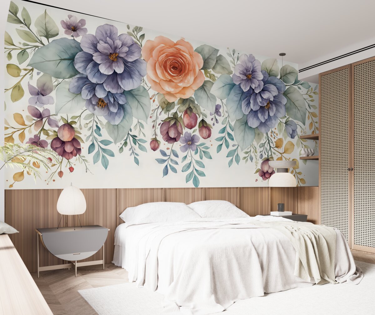 Fototapeta kwiatowy mural w autumnalnych odcieniach na jasnym, fakturowanym, szaro-mlecznym tle