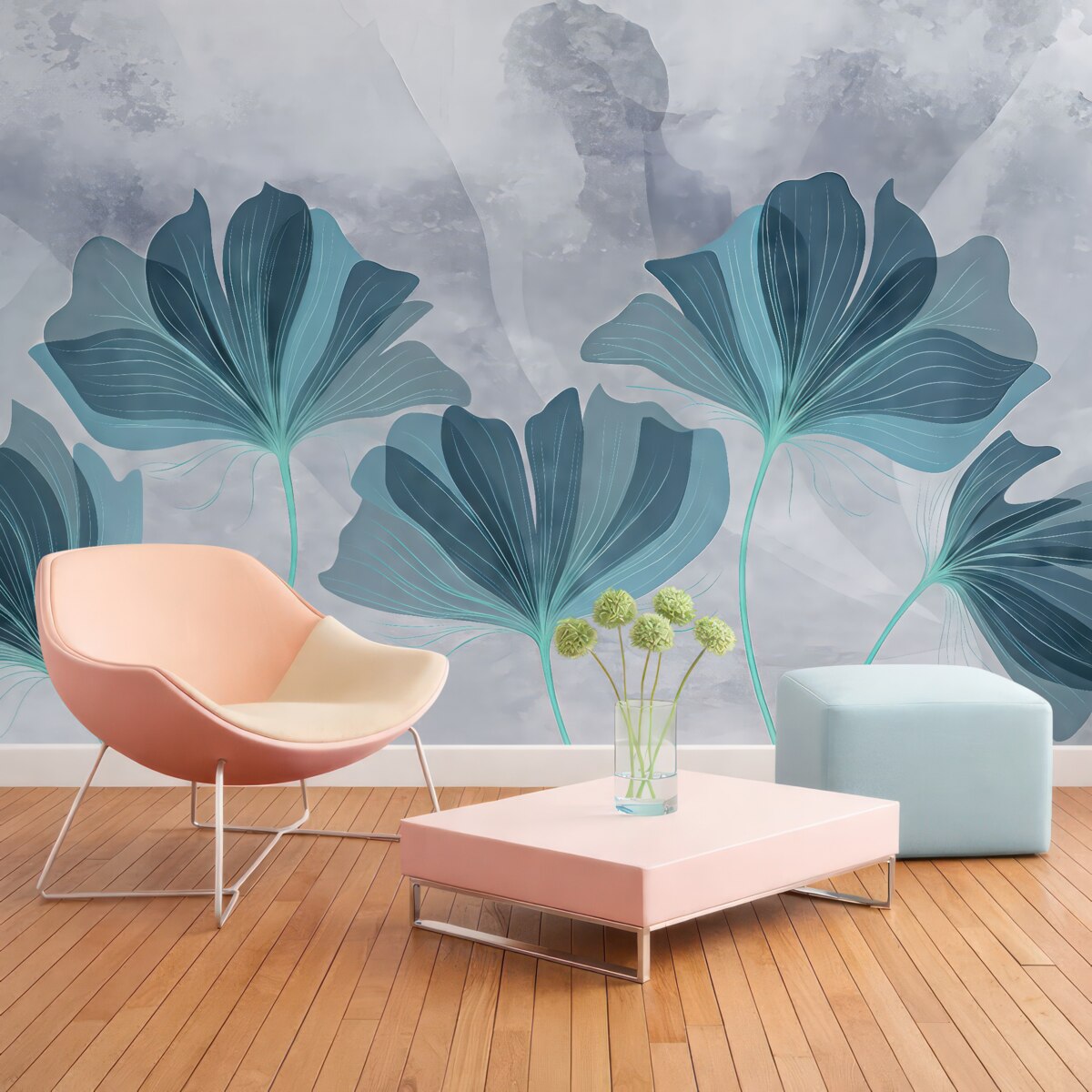 Fototapeta wielkie kwiaty, akwarelowa forma, błękitne kwiaty, szare tło