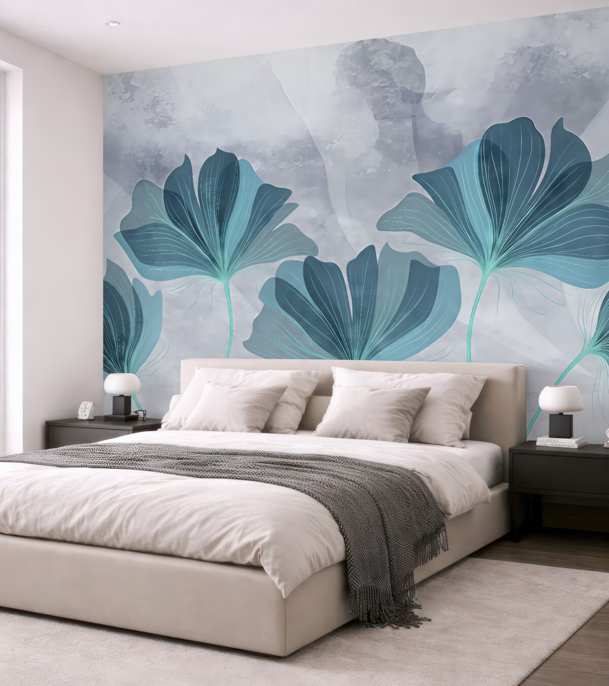 Fototapeta wielkie kwiaty, akwarelowa forma, błękitne kwiaty, szare tło