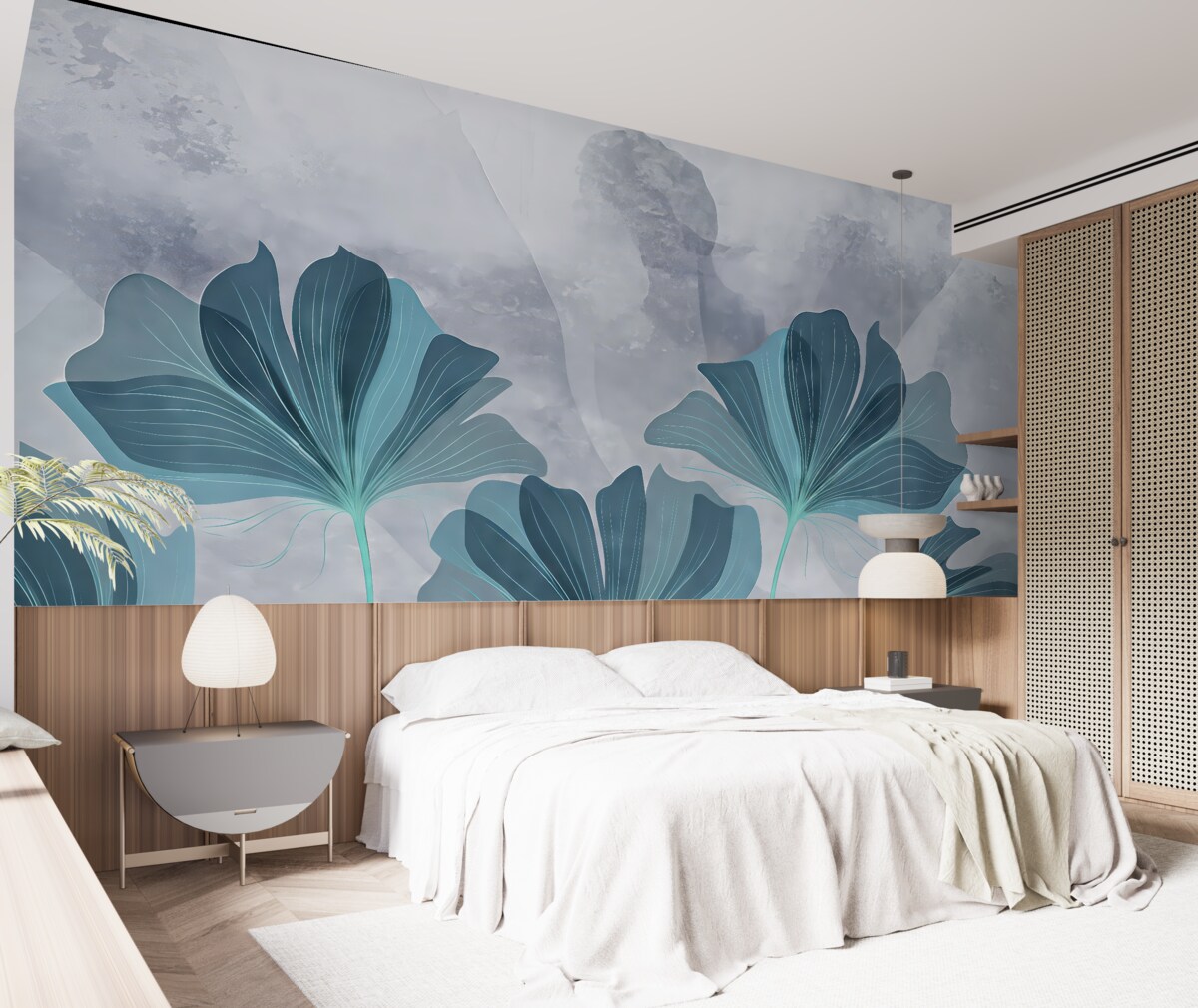 Fototapeta wielkie kwiaty, akwarelowa forma, błękitne kwiaty, szare tło