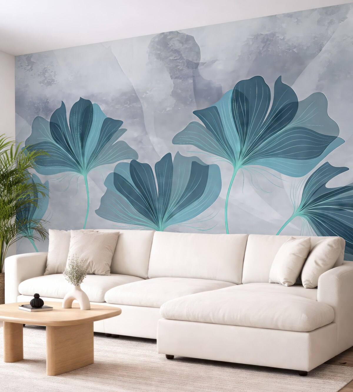 Fototapeta wielkie kwiaty, akwarelowa forma, błękitne kwiaty, szare tło