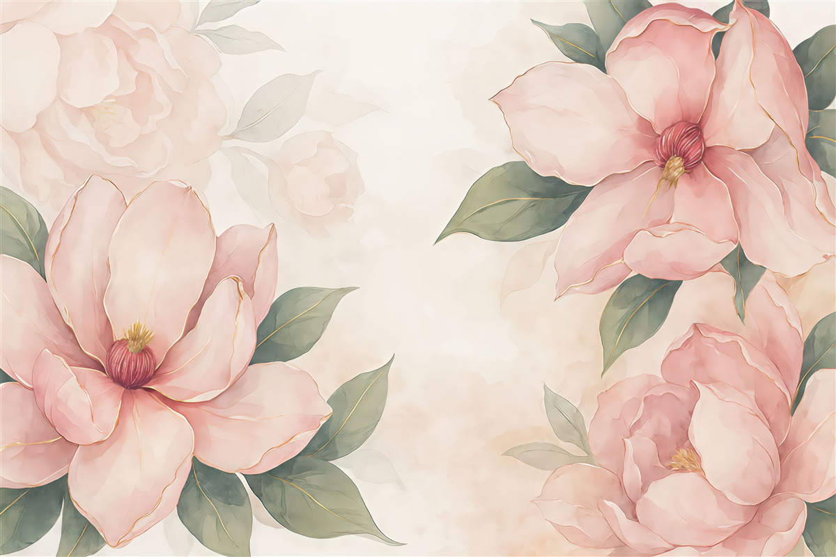 Fototapeta ogromne różowe kwiaty, zielone liście, akwarela, różowe tło, półprzezroczyste rośliny