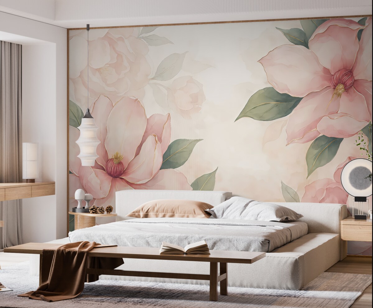 Fototapeta ogromne różowe kwiaty, zielone liście, akwarela, różowe tło, półprzezroczyste rośliny