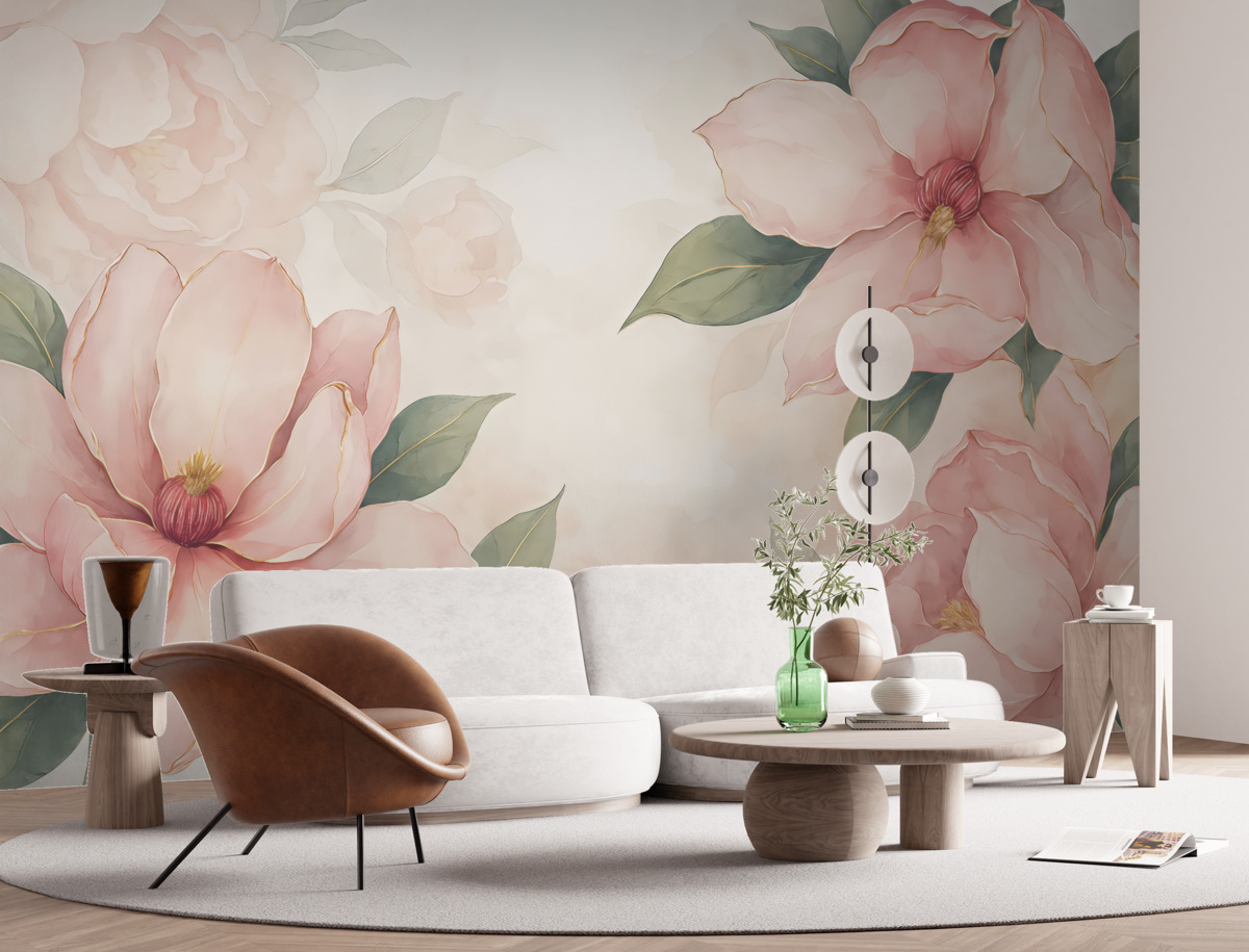 Fototapeta ogromne różowe kwiaty, zielone liście, akwarela, różowe tło, półprzezroczyste rośliny