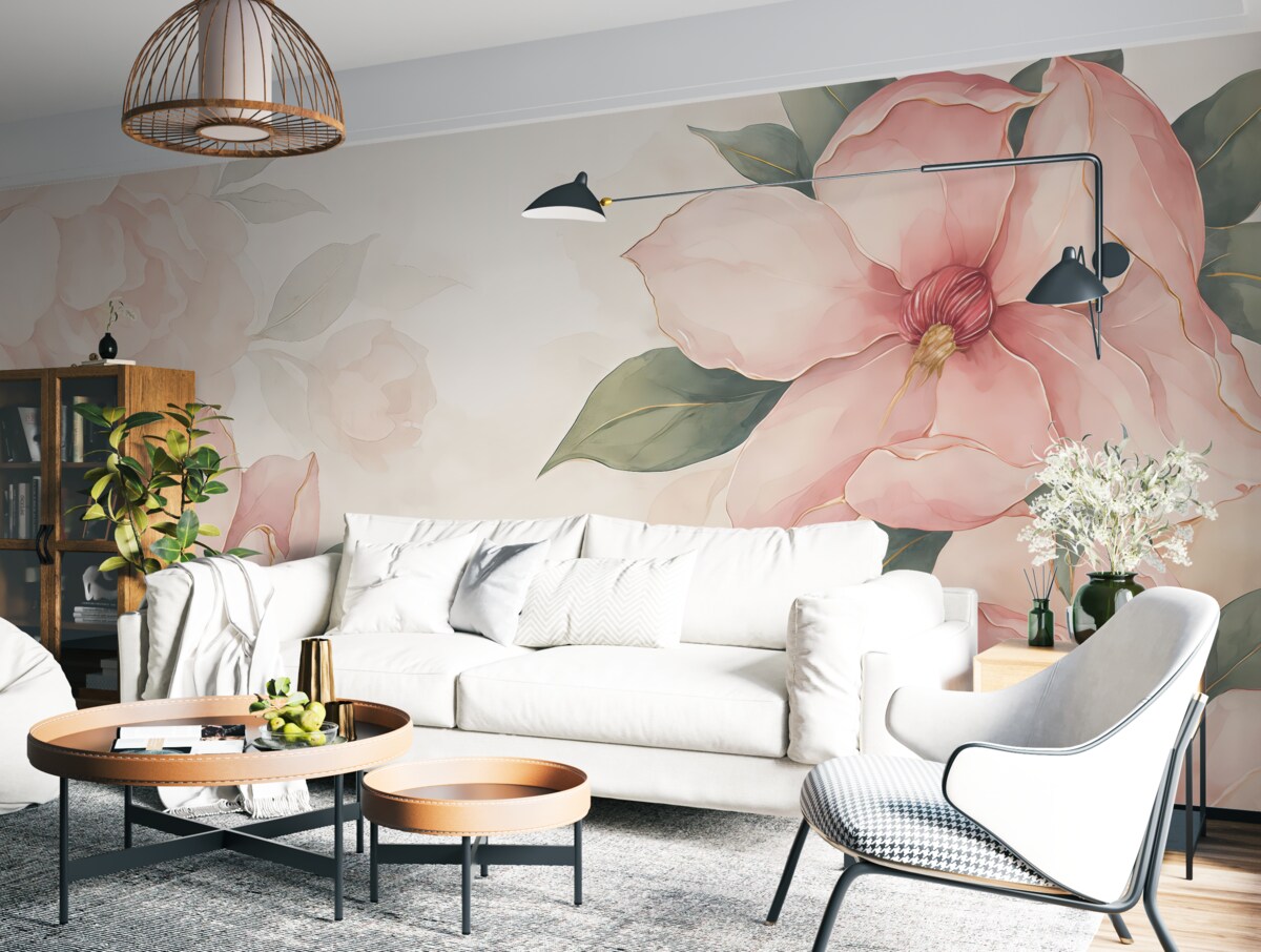 Fototapeta ogromne różowe kwiaty, zielone liście, akwarela, różowe tło, półprzezroczyste rośliny