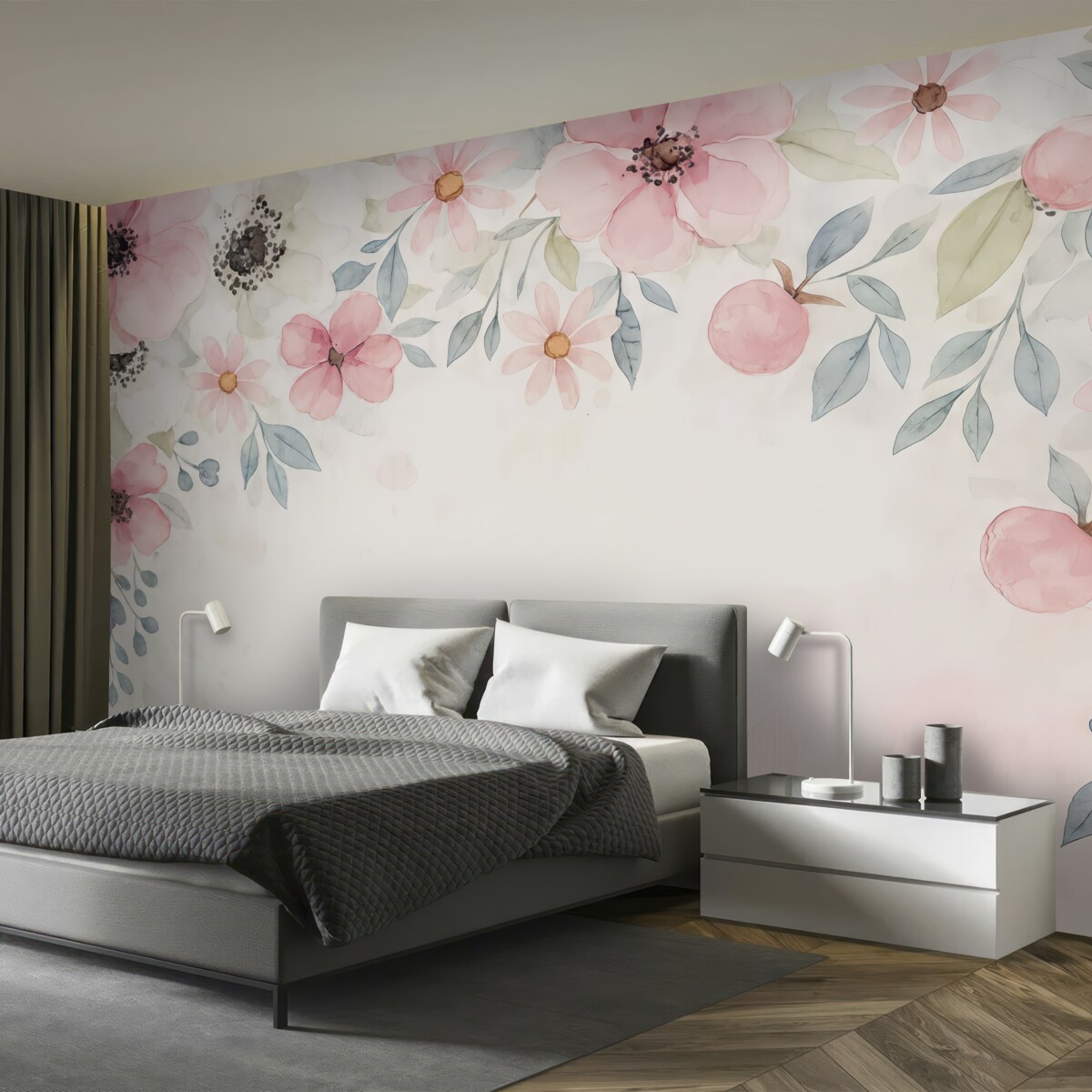 Fototapeta ogromne kwiaty, kwiaty z wysokiego punktu, kwiaty łąkowe, technika akwarelowa