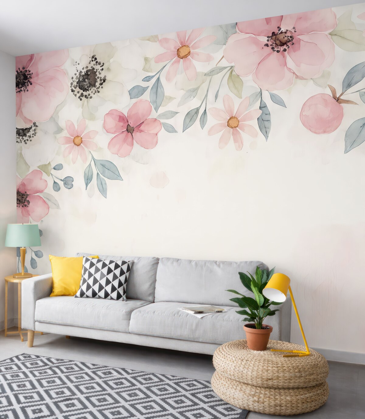 Fototapeta ogromne kwiaty, kwiaty z wysokiego punktu, kwiaty łąkowe, technika akwarelowa