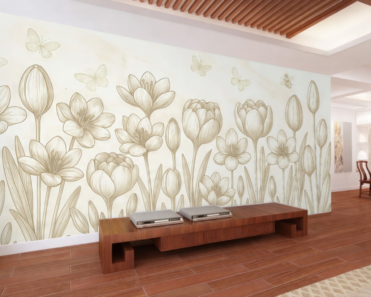 Fototapeta malowane kwiaty, tulipany, rośliny na szarym tle