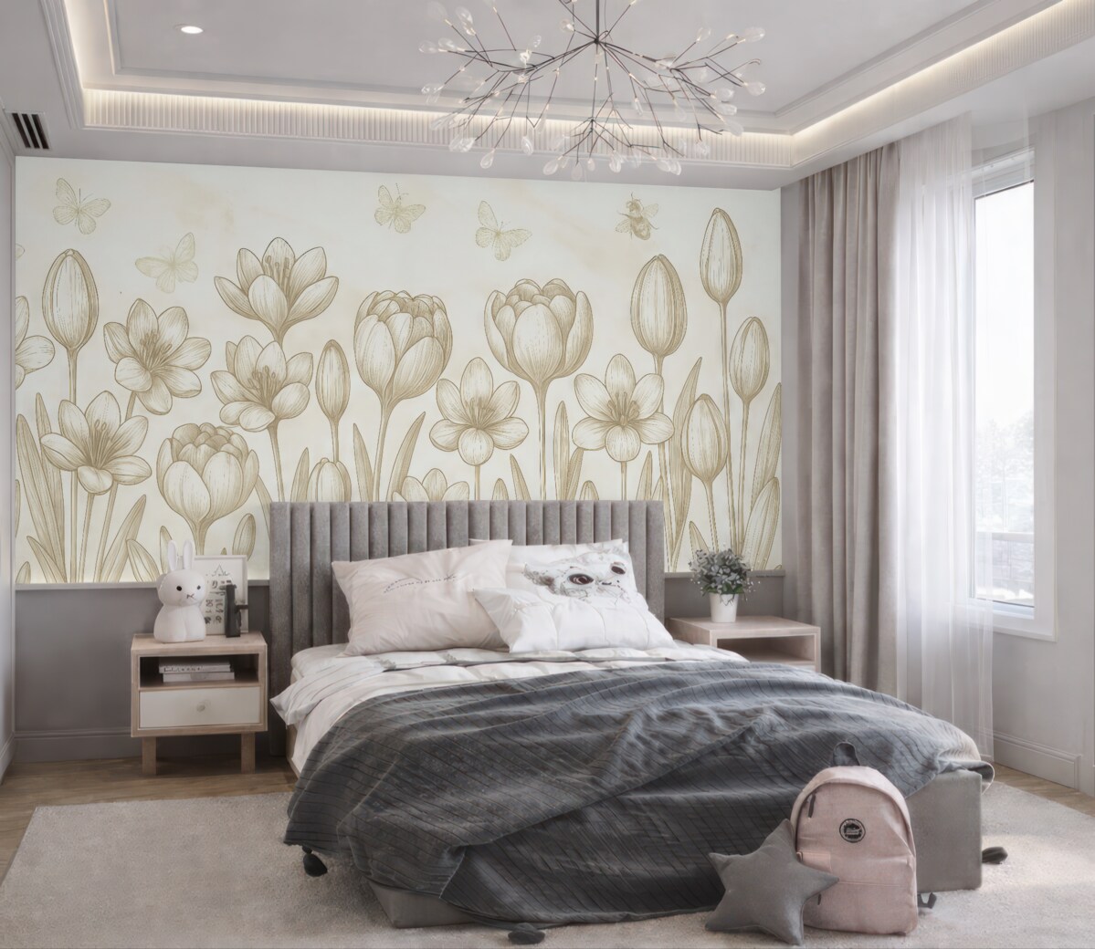 Fototapeta malowane kwiaty, tulipany, rośliny na szarym tle