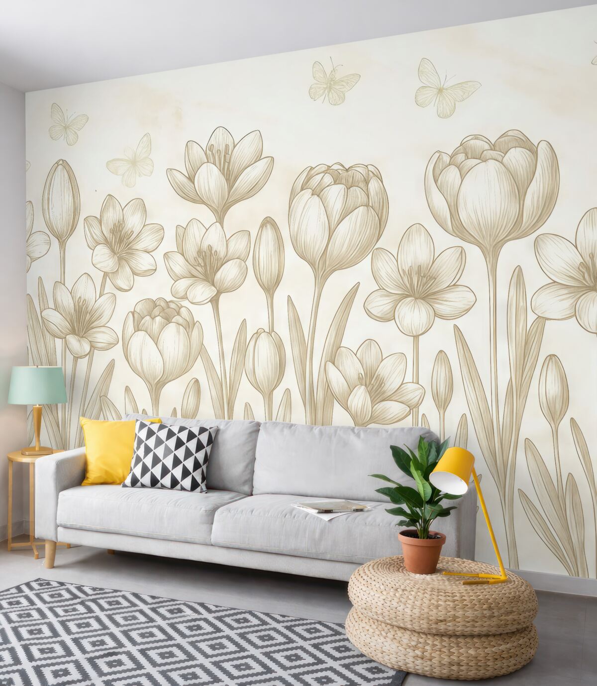 Fototapeta malowane kwiaty, tulipany, rośliny na szarym tle