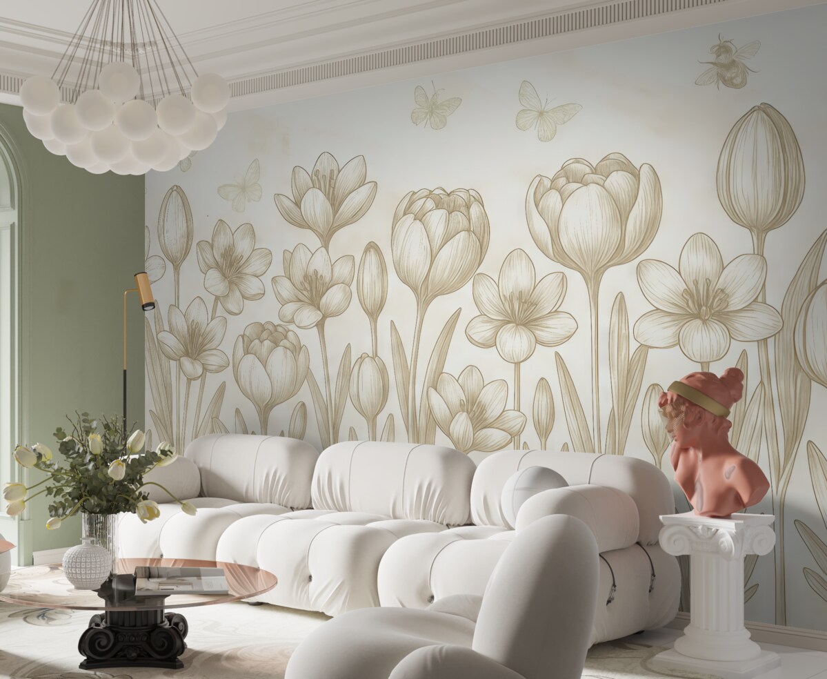 Fototapeta malowane kwiaty, tulipany, rośliny na szarym tle