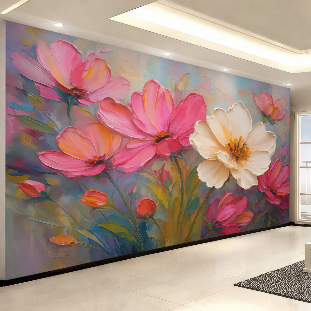 Fototapeta Intensywnie różowe kwiaty na jasnoszaro-niebieskim tle.