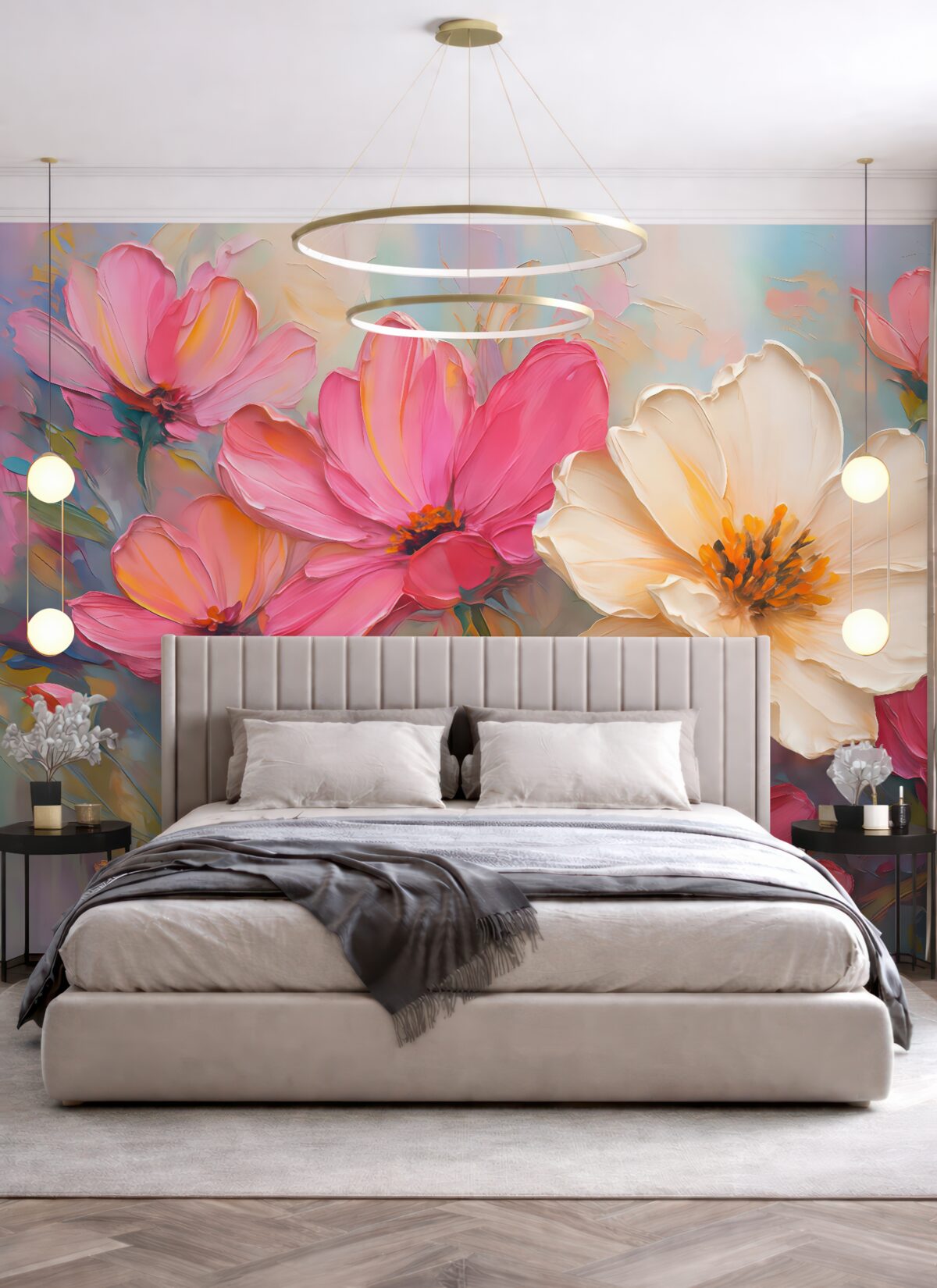 Fototapeta Intensywnie różowe kwiaty na jasnoszaro-niebieskim tle.