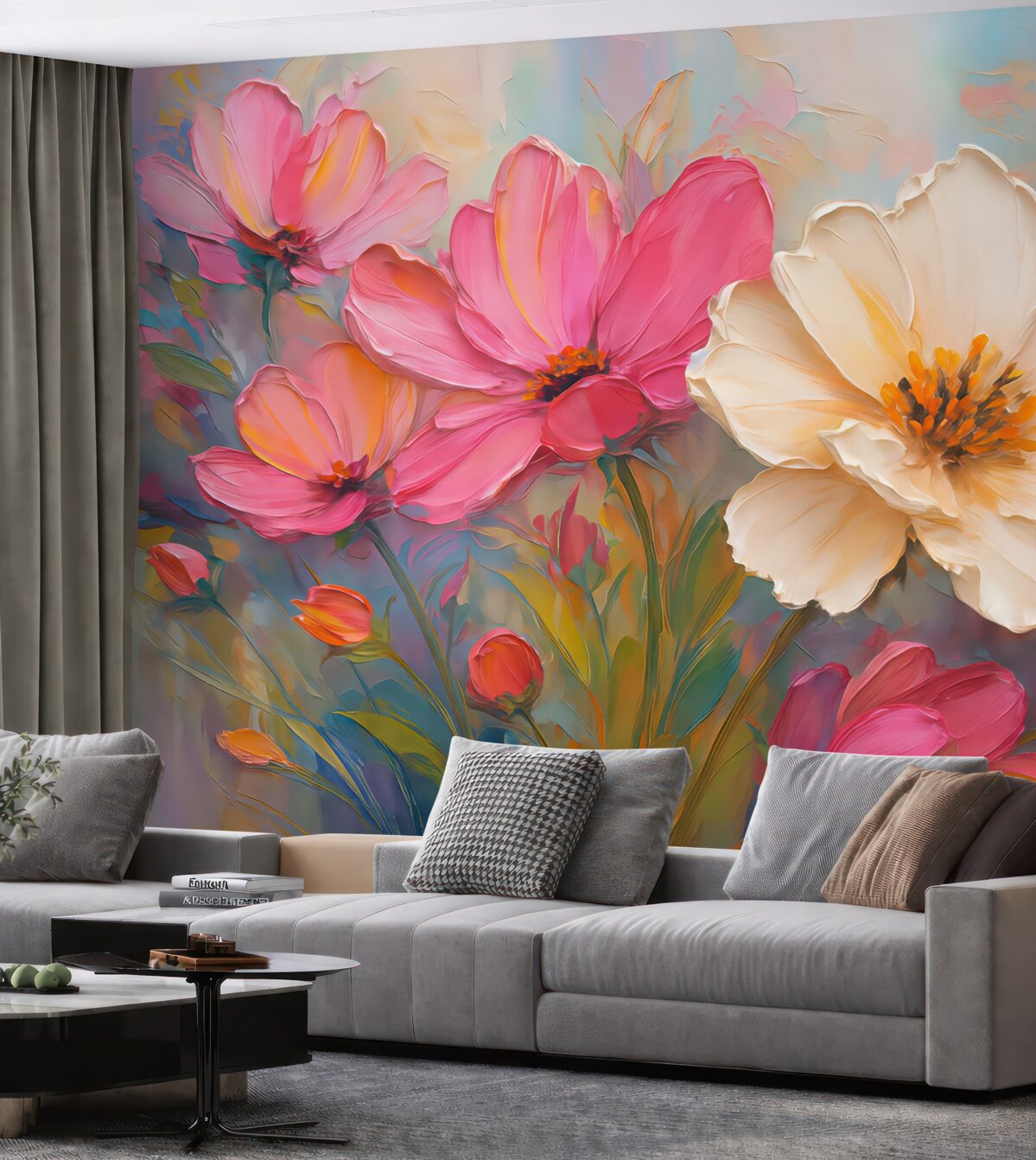 Fototapeta Intensywnie różowe kwiaty na jasnoszaro-niebieskim tle.