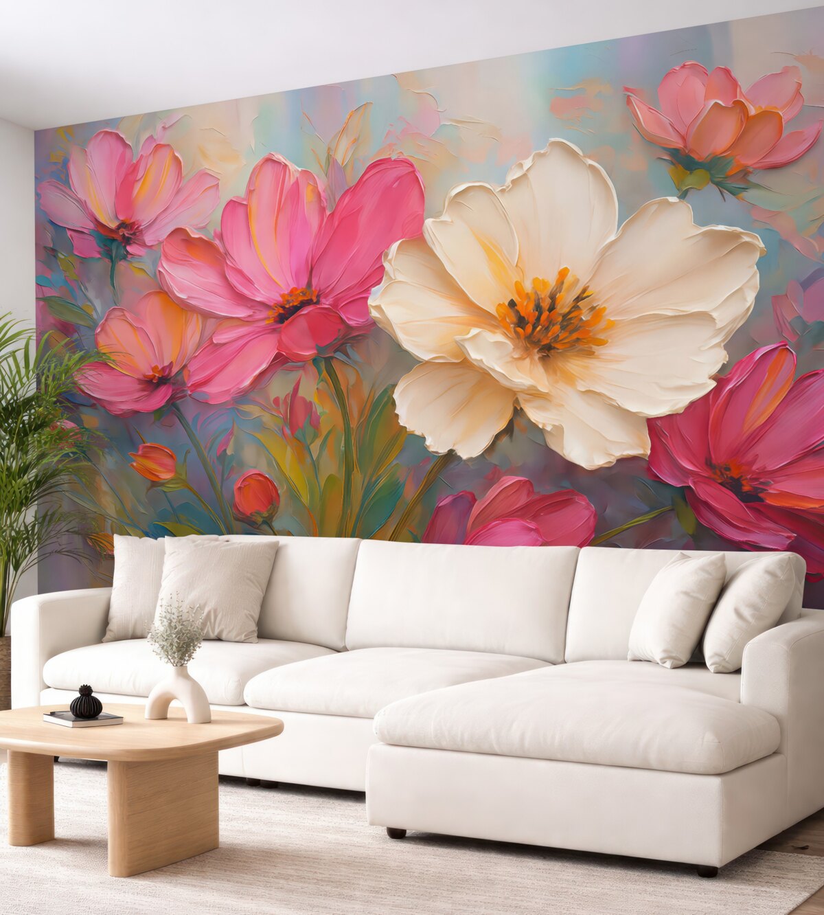 Fototapeta Intensywnie różowe kwiaty na jasnoszaro-niebieskim tle.