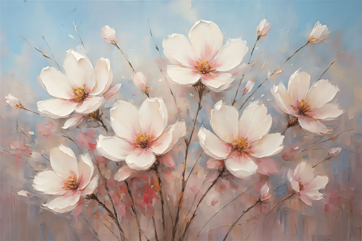 Fototapeta Kwiaty na tle abstrakcyjnym, w kolorze białym, niebieskim, szarym oraz różowym.