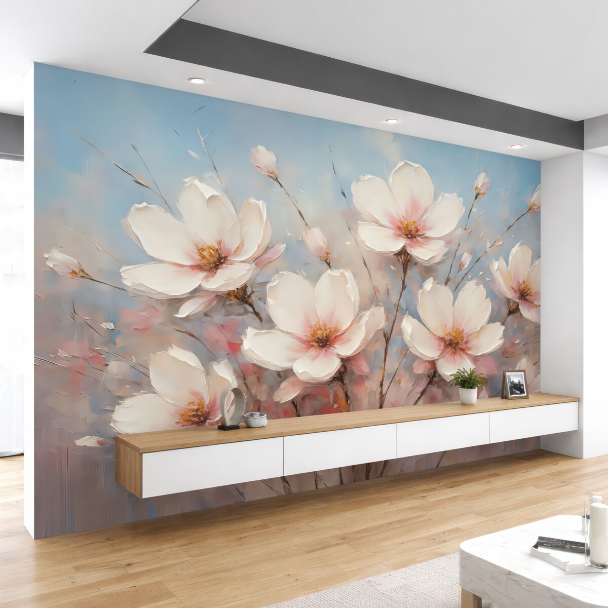 Fototapeta Kwiaty na tle abstrakcyjnym, w kolorze białym, niebieskim, szarym oraz różowym.