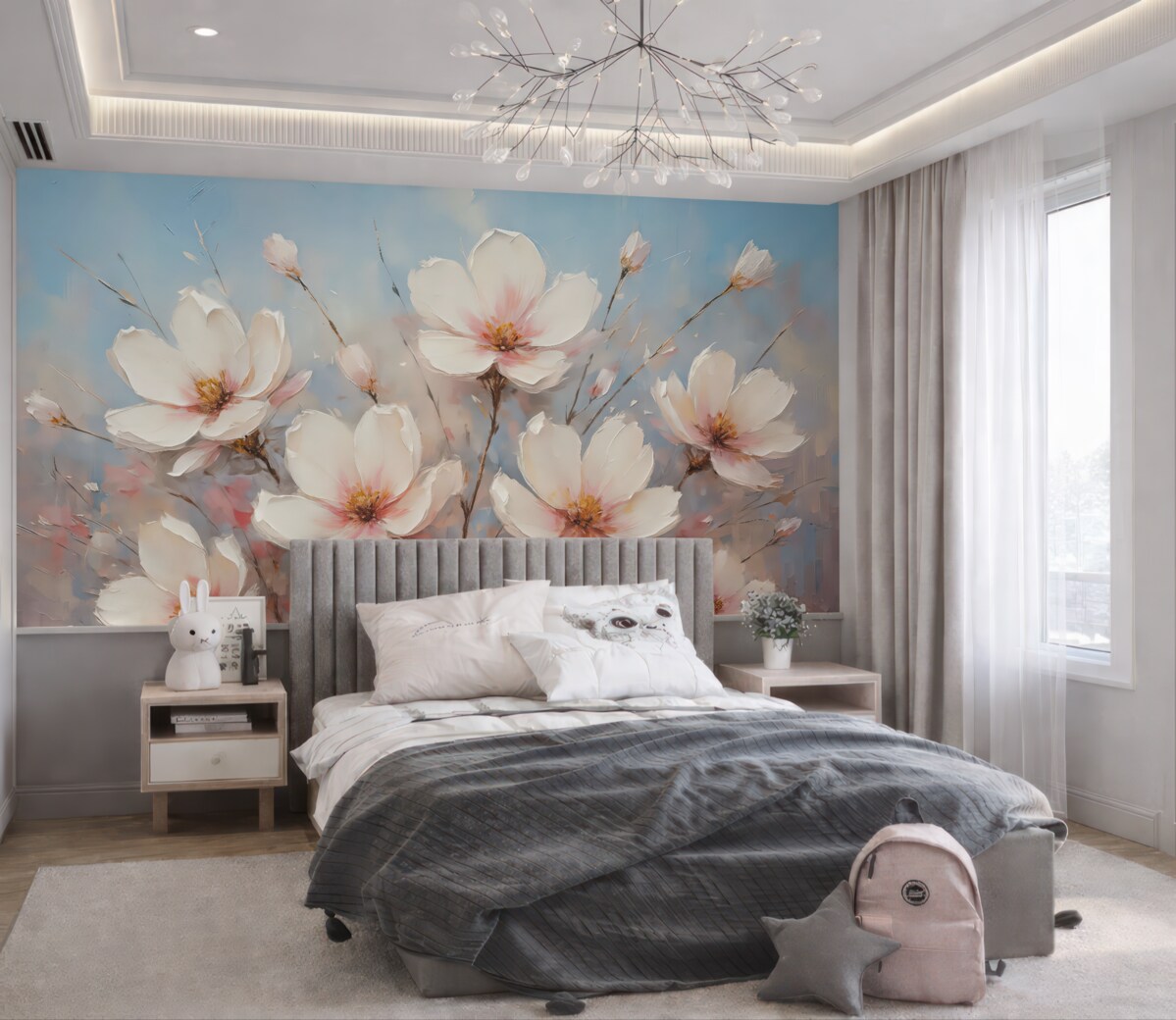 Fototapeta Kwiaty na tle abstrakcyjnym, w kolorze białym, niebieskim, szarym oraz różowym.