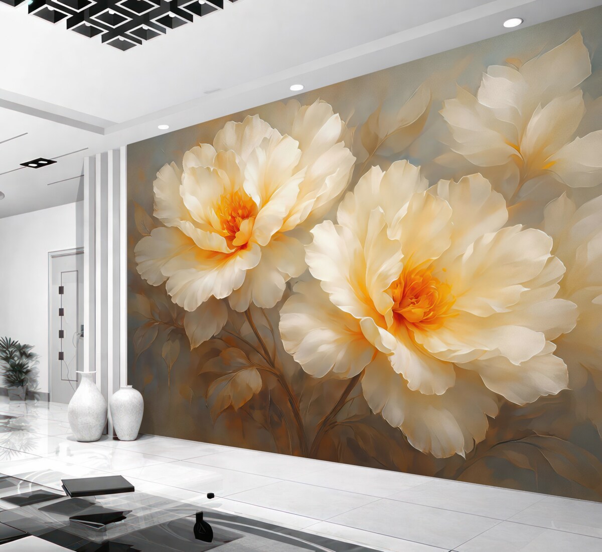 Fototapeta Para dużych białych kwiatów na szaro-niebieskim tle.