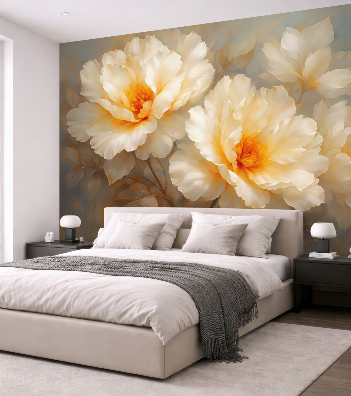 Fototapeta Para dużych białych kwiatów na szaro-niebieskim tle.