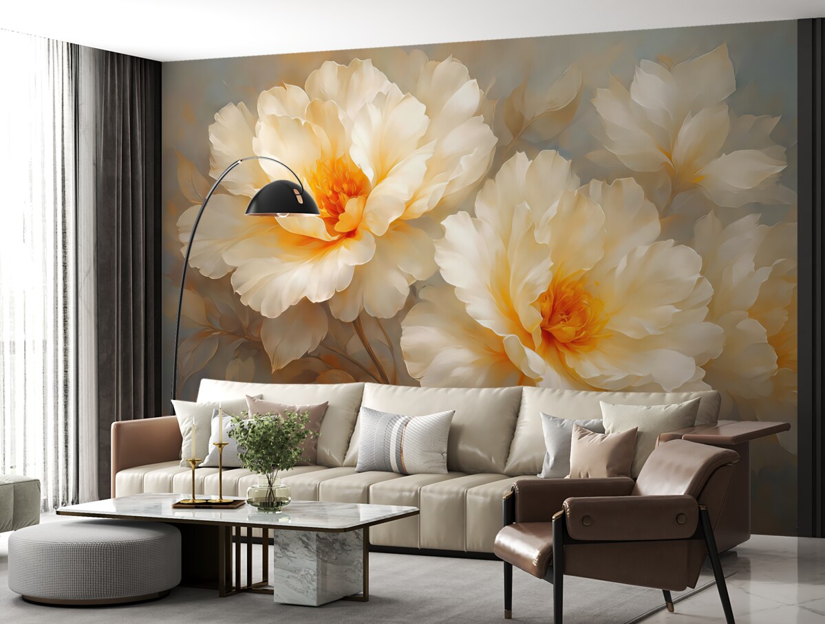 Fototapeta Para dużych białych kwiatów na szaro-niebieskim tle.