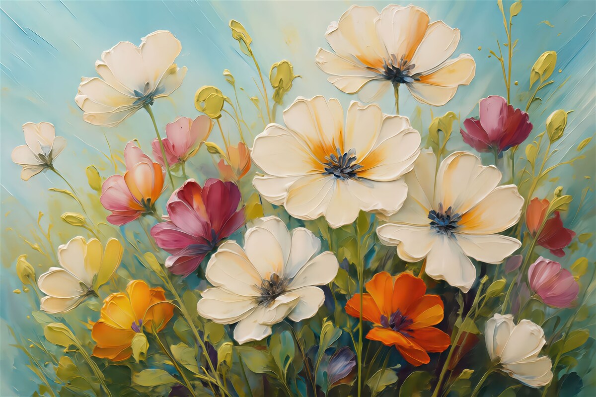 Fototapeta Abstrakcyjne białe maki na błękitnym tle, nawiązanie do ruchów pędzla.