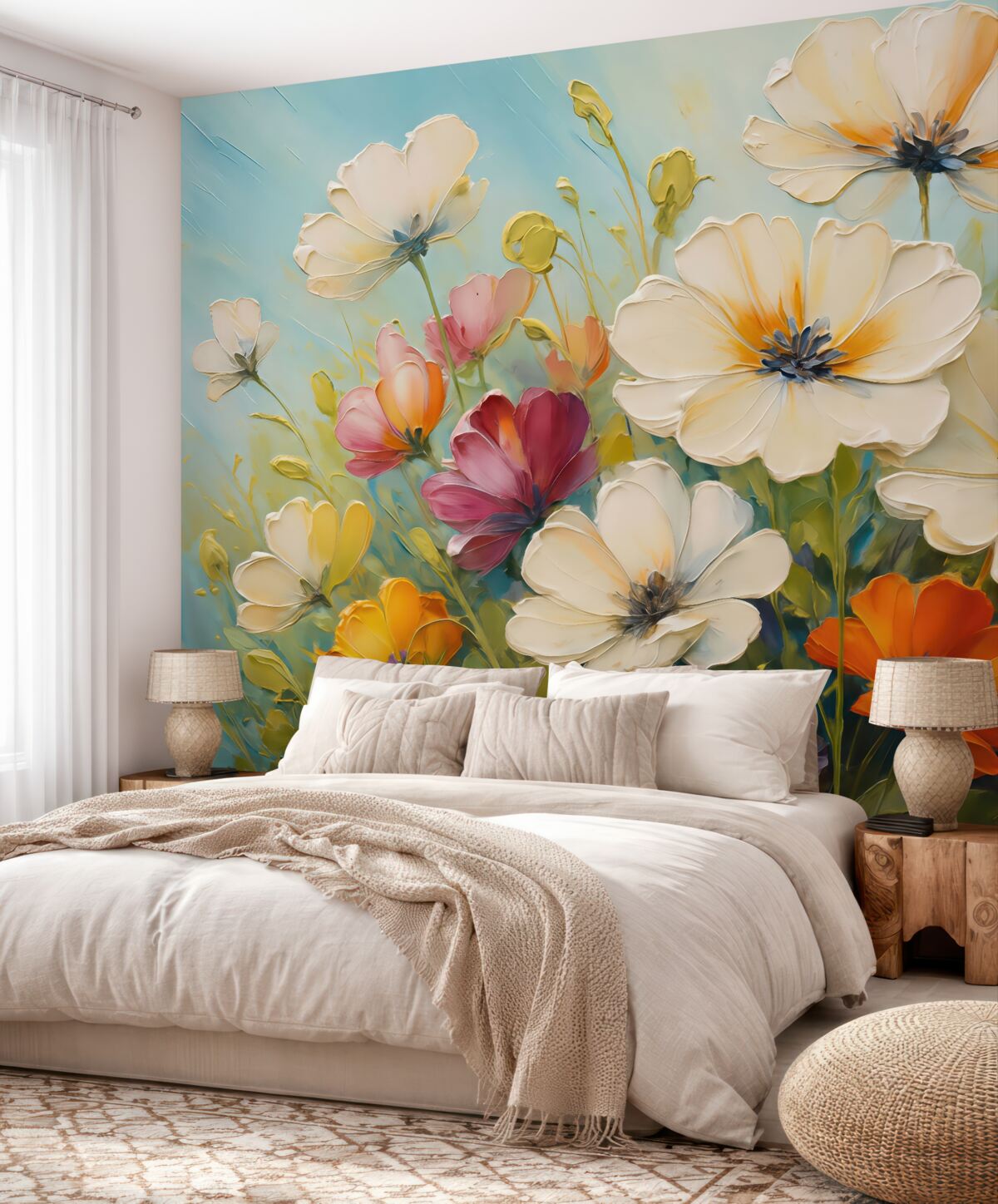 Fototapeta Abstrakcyjne białe maki na błękitnym tle, nawiązanie do ruchów pędzla.