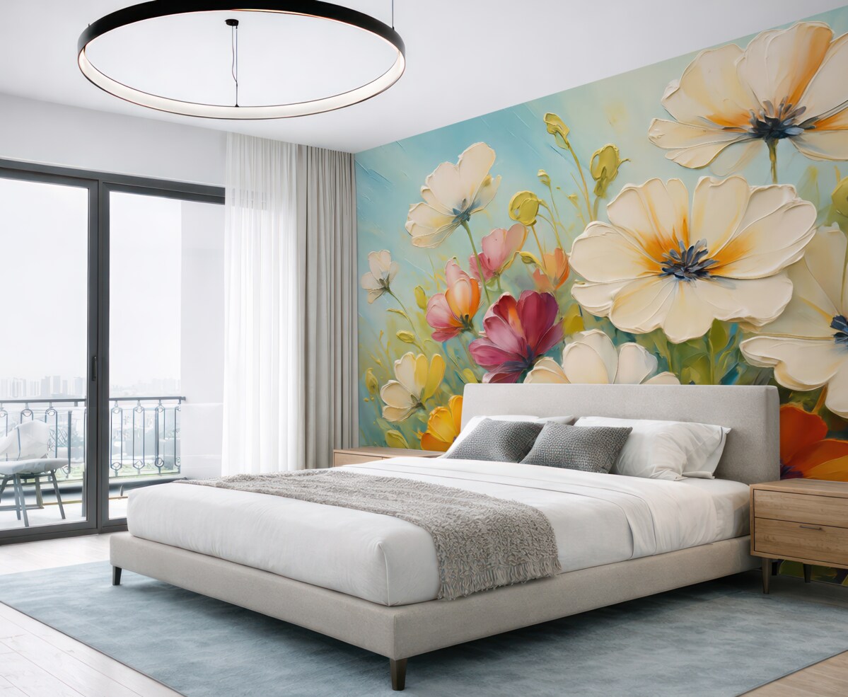 Fototapeta Abstrakcyjne białe maki na błękitnym tle, nawiązanie do ruchów pędzla.