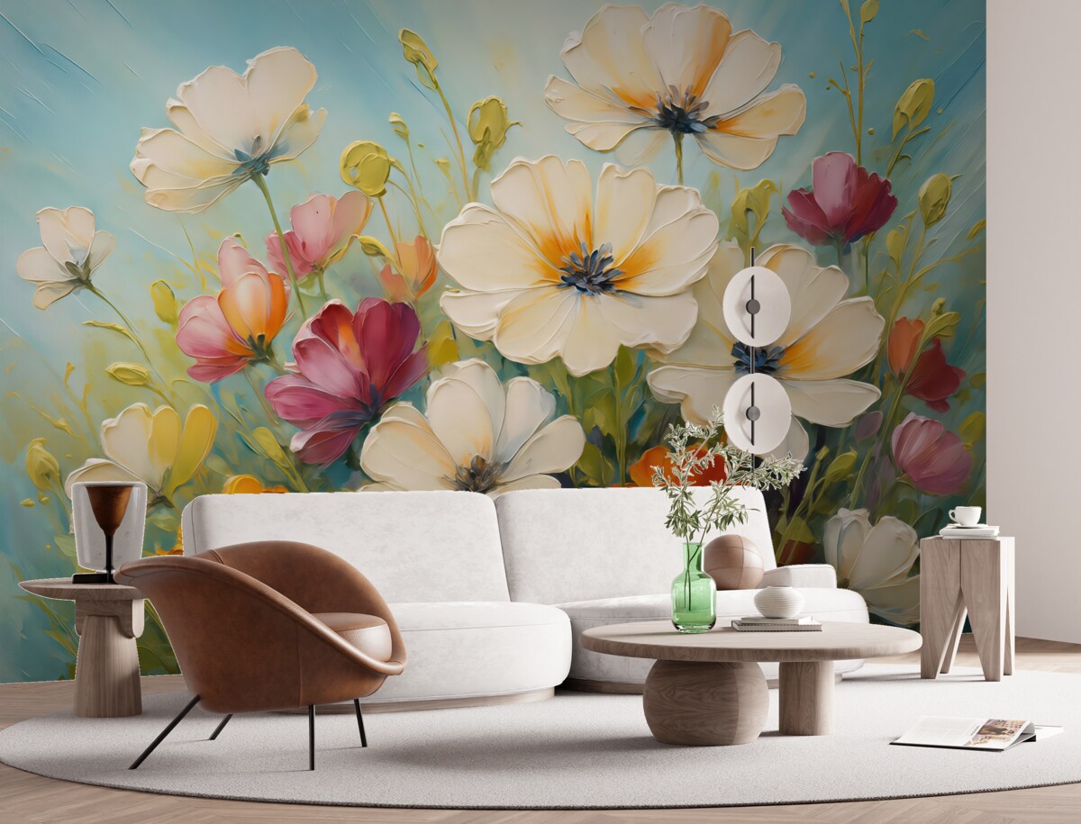 Fototapeta Abstrakcyjne białe maki na błękitnym tle, nawiązanie do ruchów pędzla.