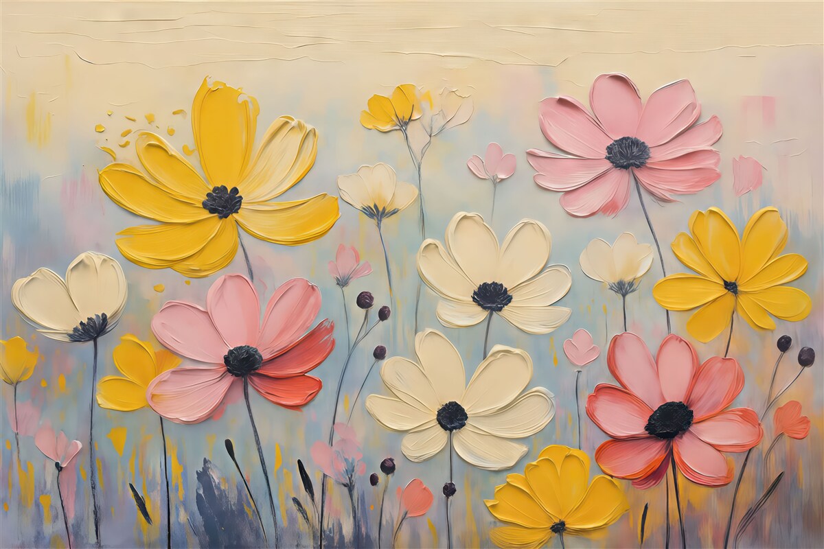 Fototapeta Wiosenne kwiaty, naśladujące ruchy pędzla, odcienie żółte, lila, beżowe oraz niebieskie.