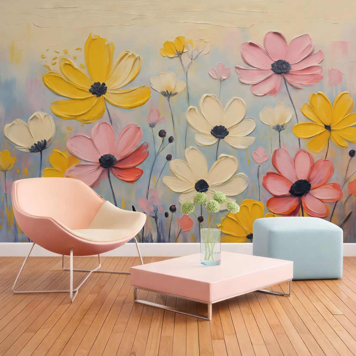 Fototapeta Wiosenne kwiaty, naśladujące ruchy pędzla, odcienie żółte, lila, beżowe oraz niebieskie.