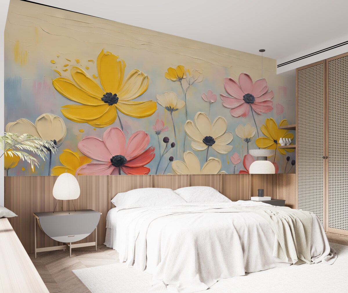 Fototapeta Wiosenne kwiaty, naśladujące ruchy pędzla, odcienie żółte, lila, beżowe oraz niebieskie.