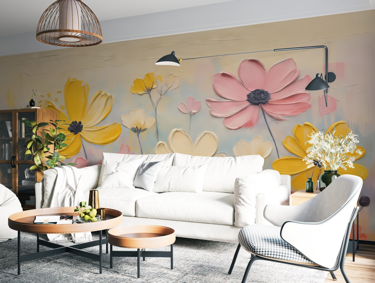 Fototapeta Wiosenne kwiaty, naśladujące ruchy pędzla, odcienie żółte, lila, beżowe oraz niebieskie.