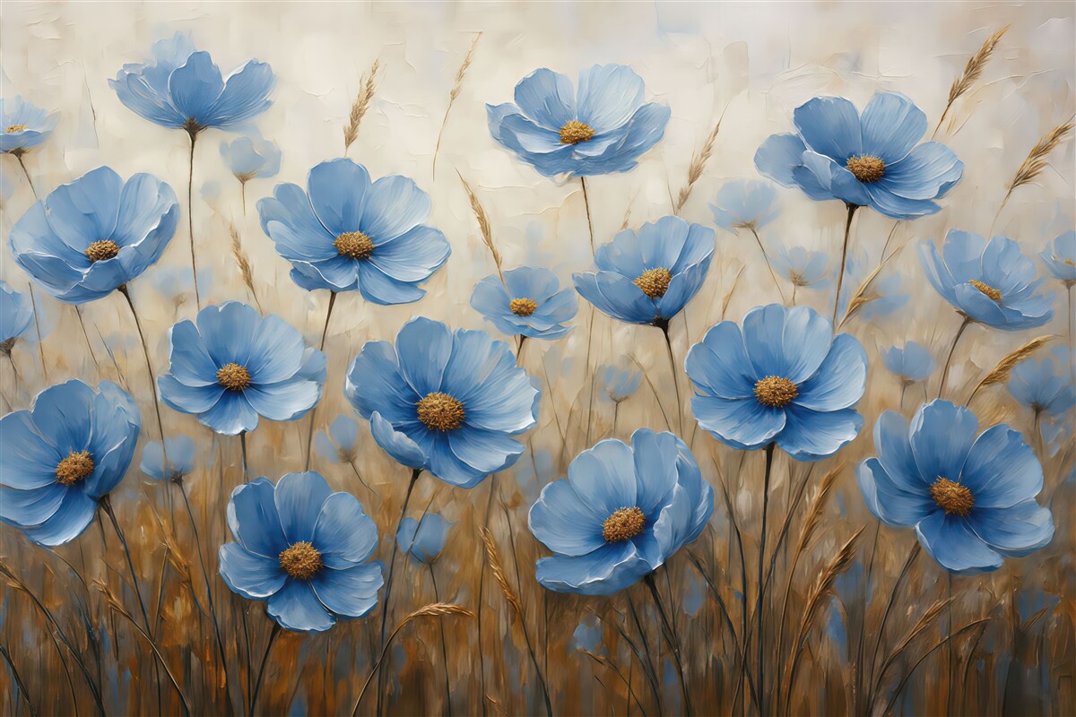 Fototapeta Niebieskie kwiaty na abstrakcyjnym tle, naśladujące pociągnięcia pędzlem olejnym.